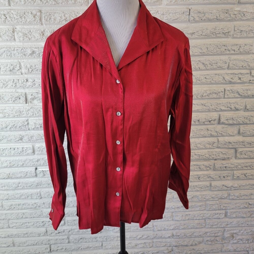 Notations Womens XL Red Button Up Shirt Long Sleeve Shoulder Pads Holiday RED55E
